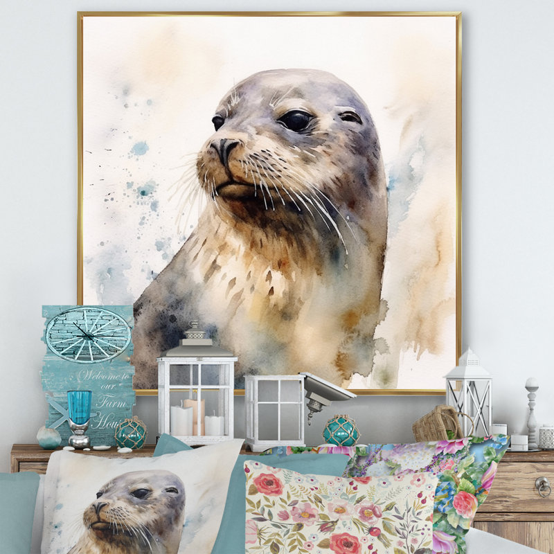 Curieux otarie II sur toile, Cadre flottant doré, H 16 po x l 16 po x P 1 po