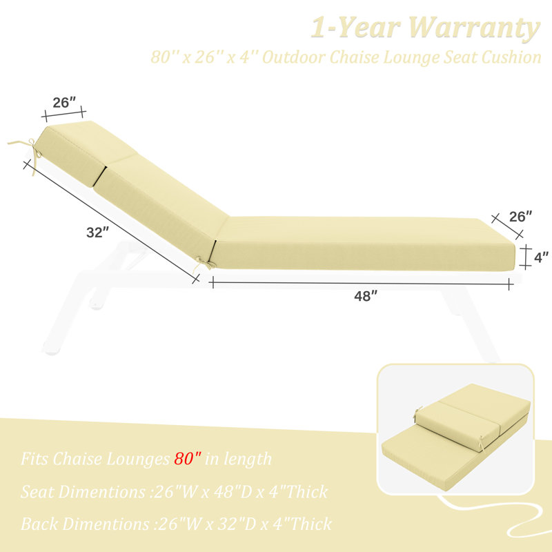 2-Piece Outdoor Chaise Lounge Chair Cushion, 80"X26"X4", Light Yellow
