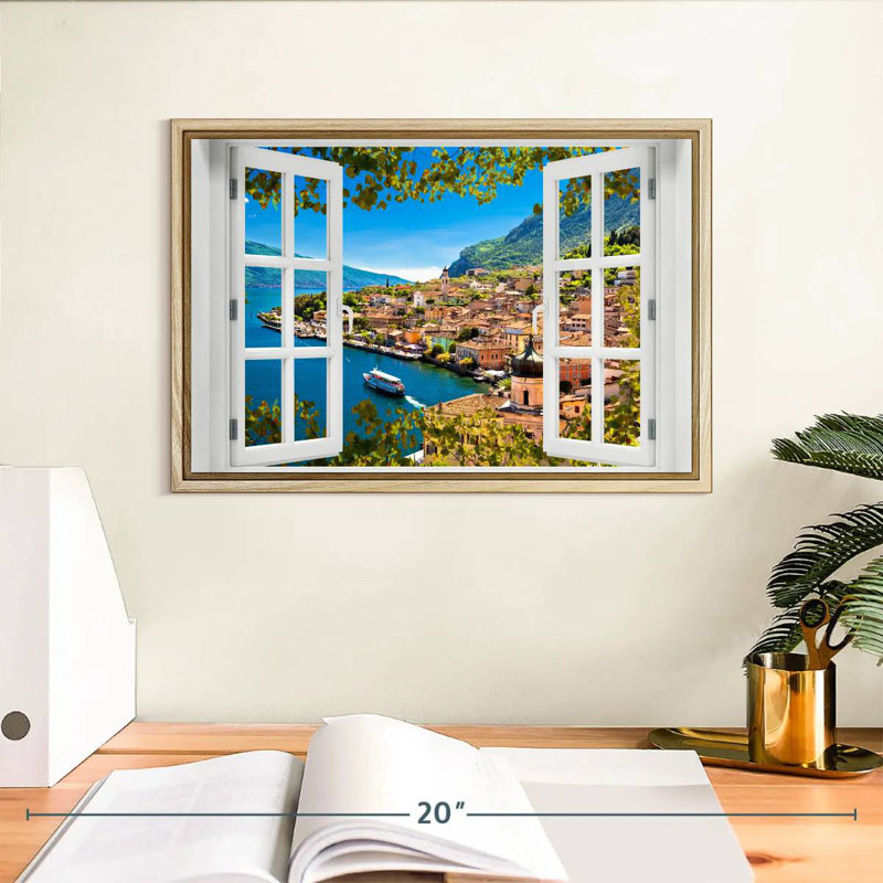 Fenêtre sur Limone Sul Garda, Cadre flottant en bois naturel, 13 po x 9 po