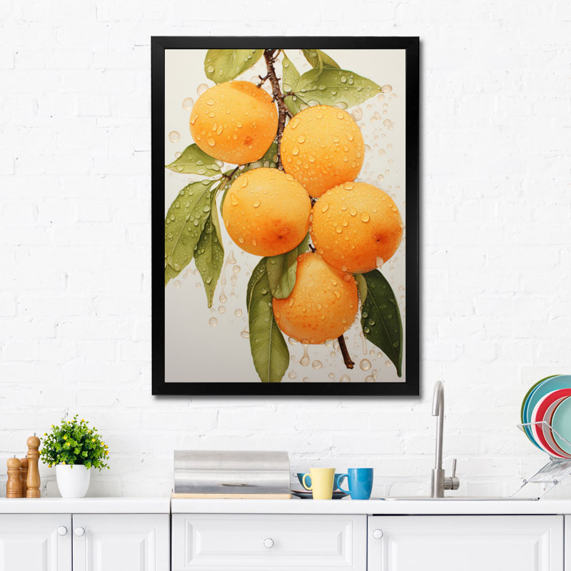 Fruit or abricot pointillisme, reproduction sur toile, Cadre noir, H 20 po x l 12 po x P 1 po
