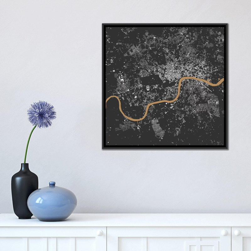 « london urban map », impression sur toile tendue, Toile avec cadre noir, H 18 po x l 18 po x P 1,5 po, Pas de tapis
