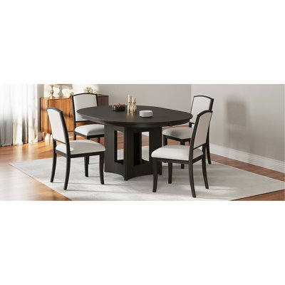 Farmhouse Extendable Round Dining Table Set For 4, 5-Piece Kitchen Table Set With 4 Upholstered Chairs And 16Inch Removable Leaf For Small Places, Espresso