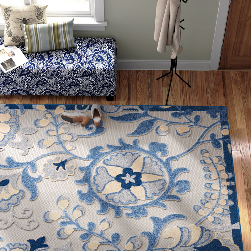 Tapis floral bleu / gris intérieur / extérieur Floral, Rectangle 9 pi x 12 pi