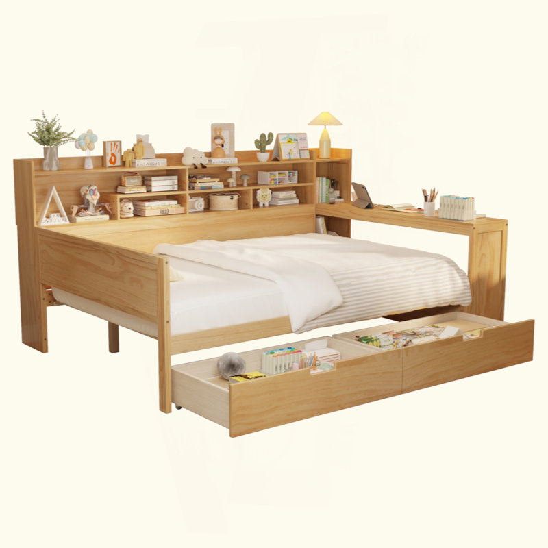 Lit de jour en bois avec tablettes de rangement, lit multifonctionnel avec deux tiroirs de rangement et bureau d'étude