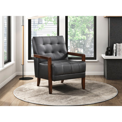 Chaise d'appoint contemporaine en similicuir gris foncé, fabrication en contreplaqué et dossier en noyer de style moderne avec revêtement en cuir, structure, accoudoir, dossier, assise, repose-jambes
