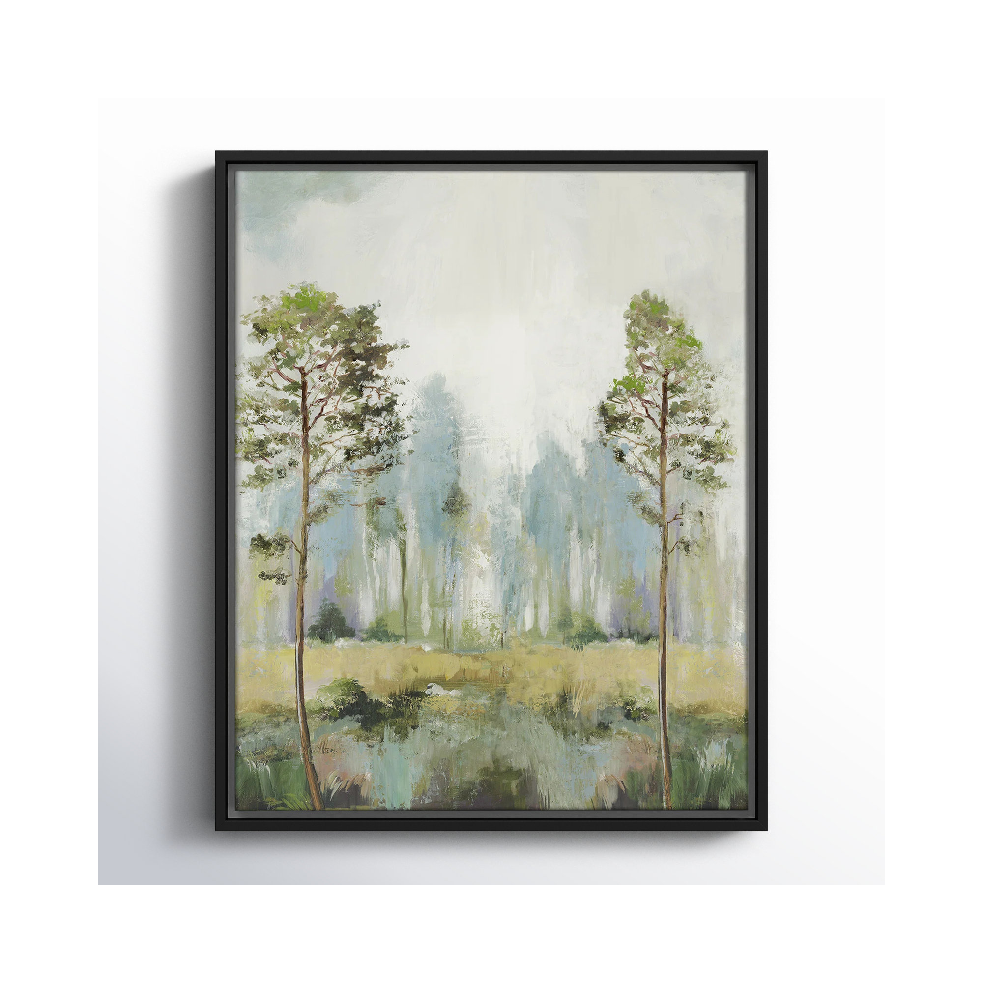 Tall Green Trees II by Teton Pearce - Floater Frame Print on Canvas, 21.5" H x 17.5" W, Black