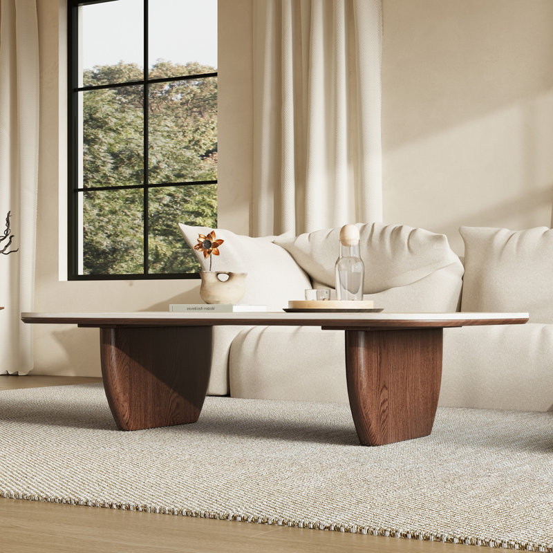 Table basse 51,2 po en faux travertin avec base en bois massif, plateau rectangulaire double couche, table basse moderne pour le salon