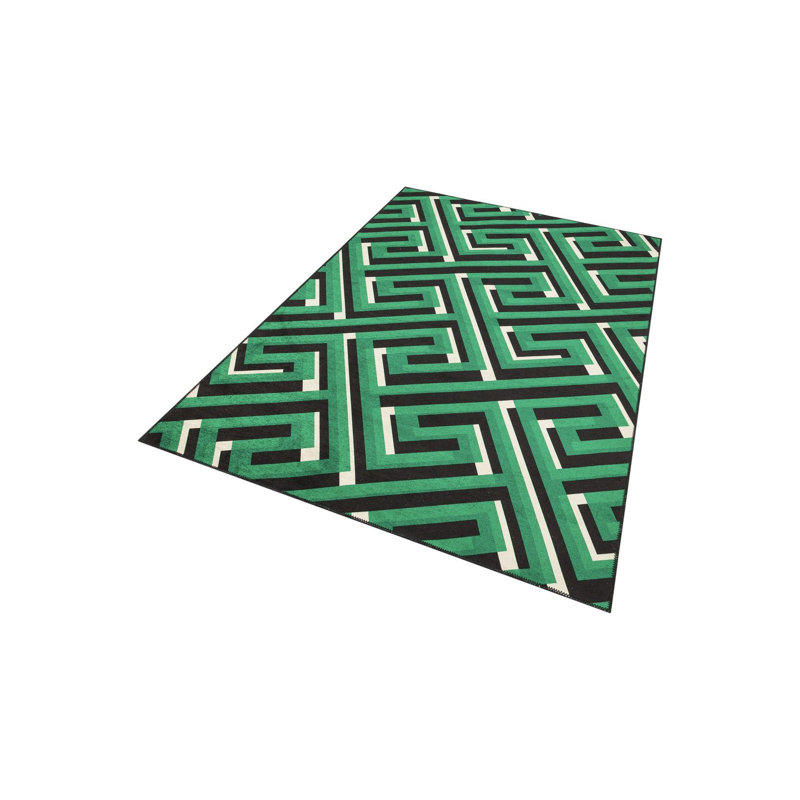 Key and Shadow Pattern Green Black Design Machine Washable Rug, Runner 2'6" x 9'10"  Rug Pad Included