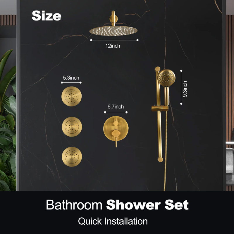 Shower System With 3 Body Jets,12 Inch Wall Mounted Round Rainfall Shower Set Rain Shower Head And Handheld Spray