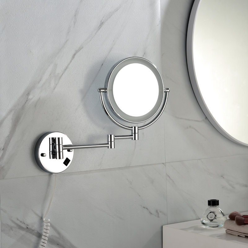 Miroir de meuble-lavabo mural à DEL avec deux grossissements - 8 pouces, extension de 12 pouces, finition, grossissement 1x / 3x, rotation de 360 degrés, bouton imperméable, pour grossissement de la base de rasage, rotation, imperméable,