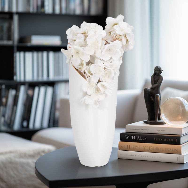 Decorative Cylinder Vase with Curved Edge Top for Home Decor – Contemporary Tall Flower Vase for Tabletop Styling, Living Room, or Bedroom Decor – White