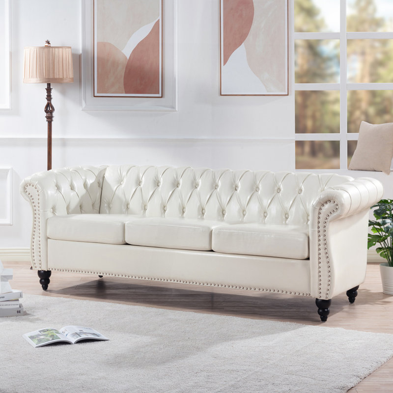 Deaneen 83.85'' Faux Leather Sofa, White Faux Leather