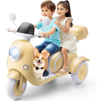 Alex 12V 2 Seater Kids Electric Motorcycle, 3 Wheel Ride-On Moped with Safe Beginner Speed (Max 3 MPH), Music, USB, LED Light, Storage Box, Battery Powered Motorbike Gift