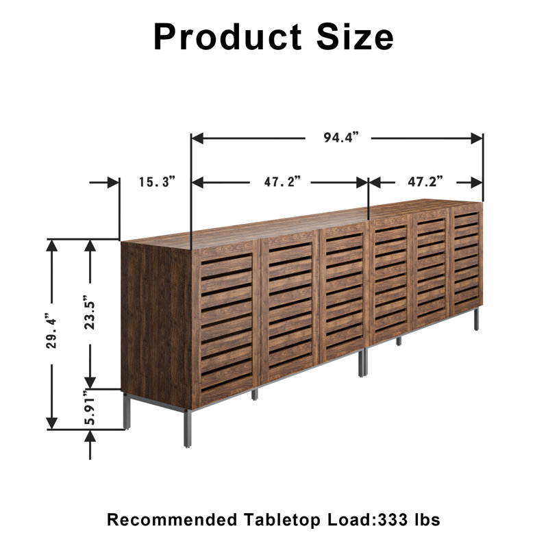 Farmhouse Dark Brown MDF 91" Sideboard Buffet with Adjustable Shelves