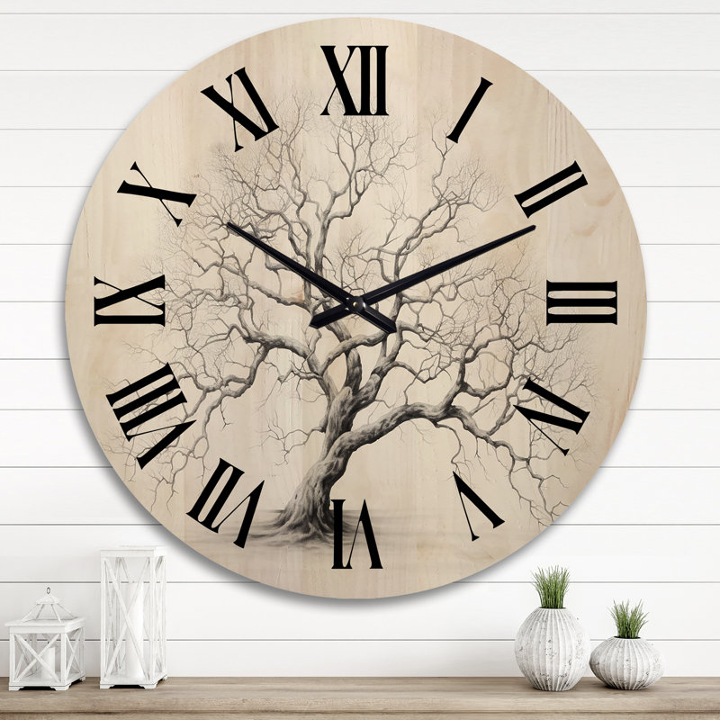 Grey White Tree Subtle Serenade II - Floral Oversized Wood Wall Clock, Extra Large