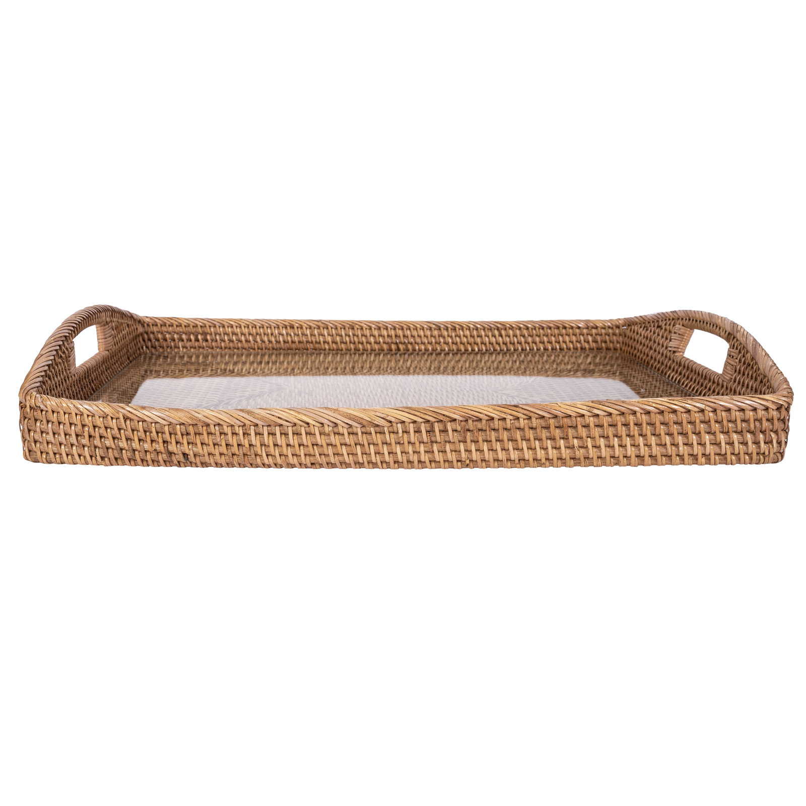 Rectangular Tray with Glass Insert, 14" W x 10" D x 1" H, Honey Brown