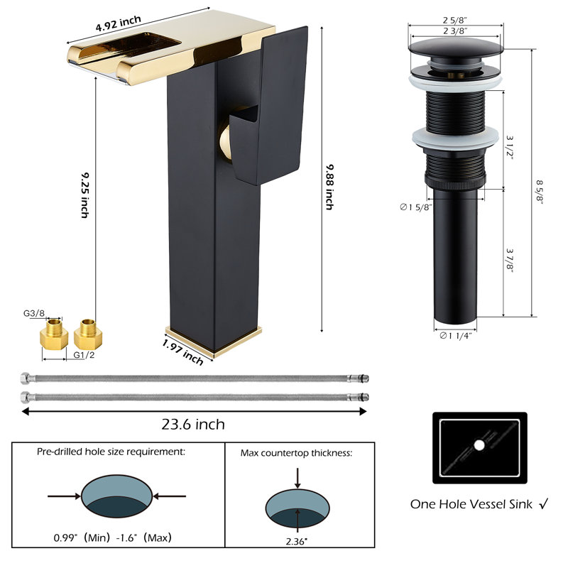 Black and Gold LED Waterfall Vessel Sink Faucet with Pop-Up Drain