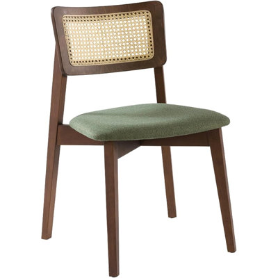 Solid Wood Cane Back Dining Chair with Green Fabric Seat, Mid-Century Armless Side Chair