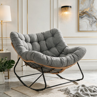 Chaise berçante intérieure et extérieure Papasan, chaise berçante surdimensionnée avec coussin, chaise longue confortable en osier et grand fauteuil inclinable à bascule pour salon / porche / jardin (repose-pieds non inclus) (gris foncé)