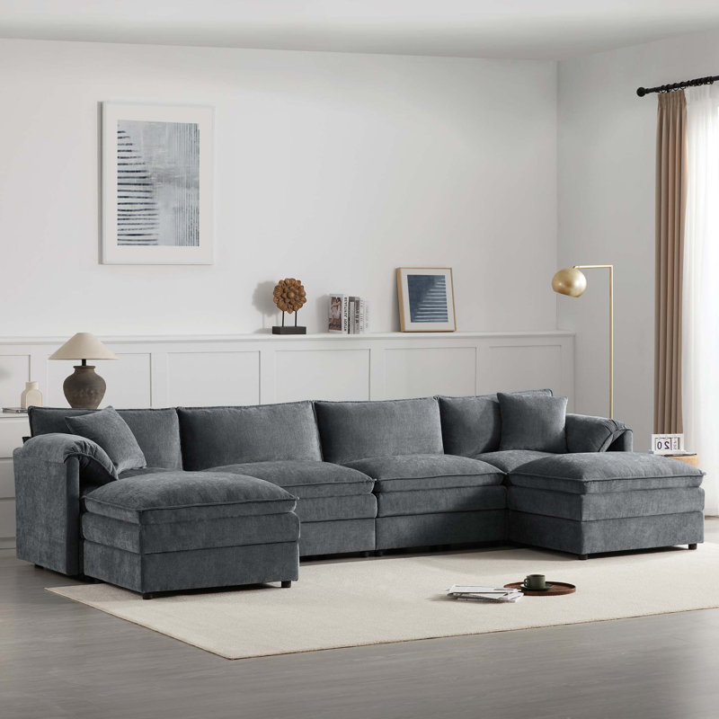 Chenille Modular Sectional Sofa with Deep Seating and Movable Ottomans, Dark Gray Chenille