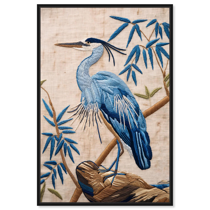 «Needlework Heron», toile élégante par Art Remedy, H 46 po x l 31 po, Structure noire