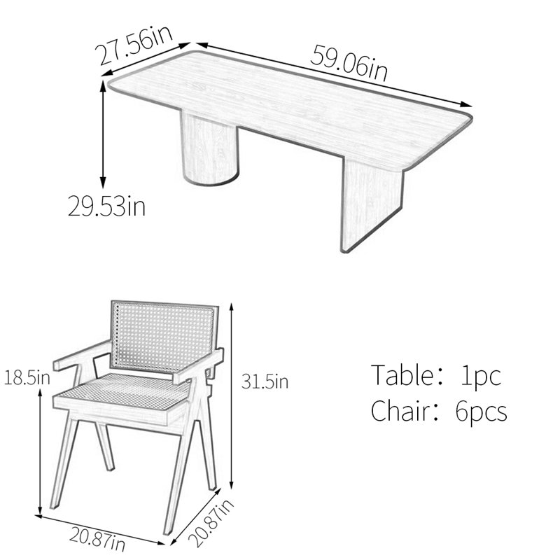 All solid wood ash dining table set, 29.53"H x 59.06"L x 27.56"W