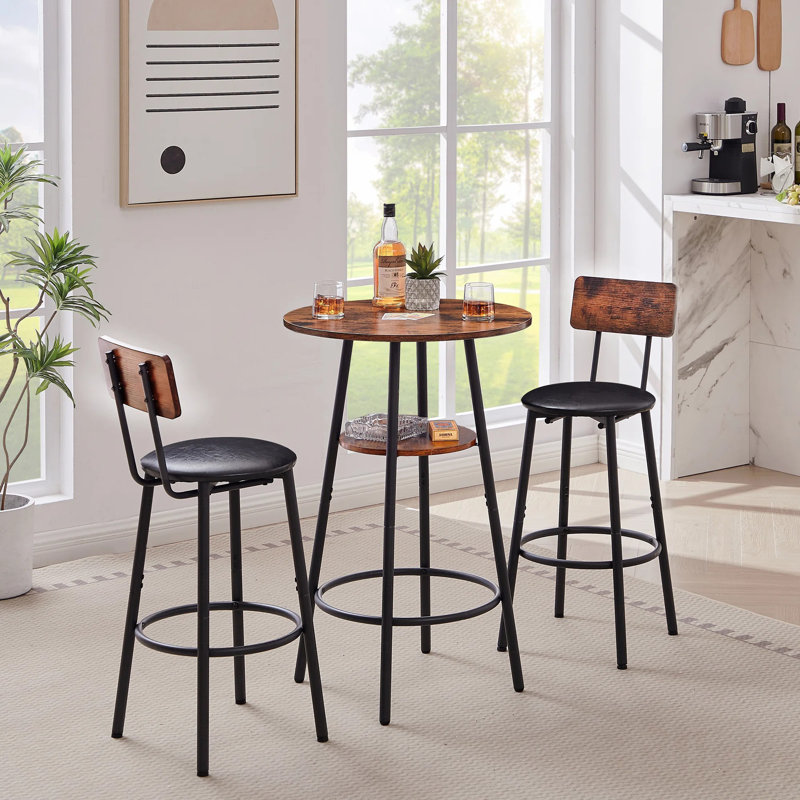 3-Piece Bar Table Set for 2, 2-Tier Round Bistro Dining Table & PU Stools, Counter Height Table, Brown 2, Brown