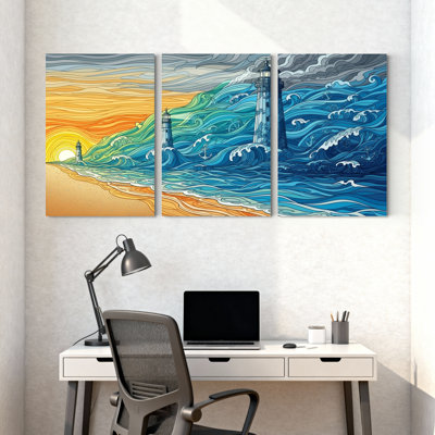 Nautique et plage, océan, vagues, coucher de soleil, phare, plage, ciel, ensemble de 3 reproductions d'art sur toile