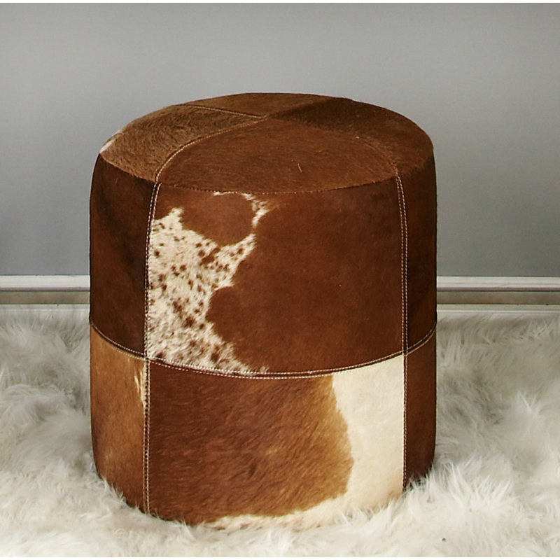  Alīna Leather Handmade Cowhide Living Room Stool with Patchwork Pattern, Brown Genuine Leather