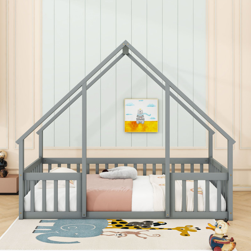 Lit en bois avec garde-corps, gris, Simple