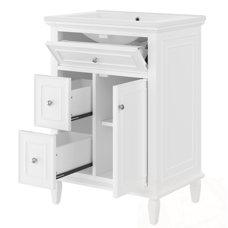 Bathroom Vanity with Sink, One Flip Drawer and Two Drawers, White