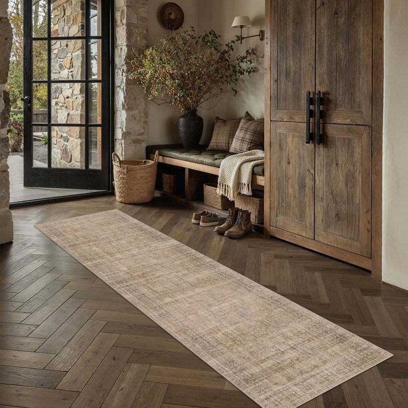 Tapis lavable rétro pour salon Ezra, Brun, Tapis de couloir 2 pi x 8 pi