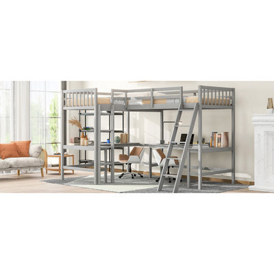 Lit mezzanine simple en forme de L en bois gris avec et 2 bureaux intégrés - lit simple Elegance pour chambre à coucher, bureaux encastrés, option d'espace de vie polyvalent