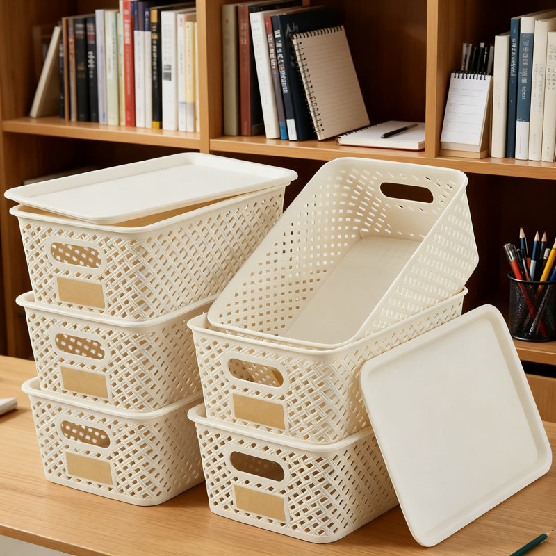 Paniers de rangement empilables en plastique avec couvercles, contenants tissés en sergé pour garde-robe de bureau personnel