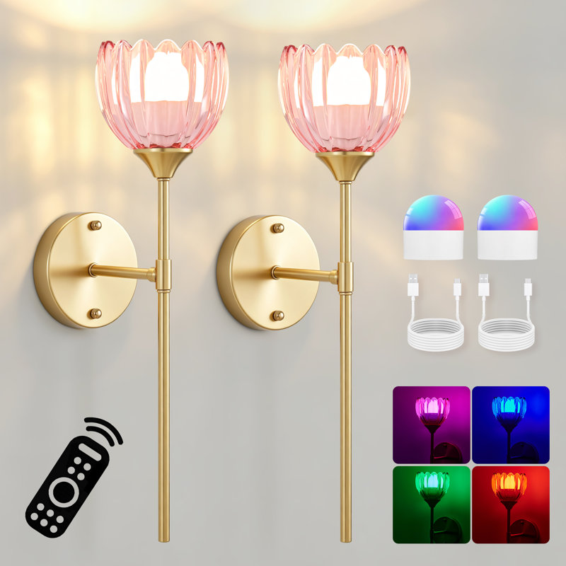 Ensemble de 2 appliques murales sans fil à piles avec ampoules DEL rechargeables et télécommande, éclairage RVB à intensité variable et abat-jour en verre tulipe