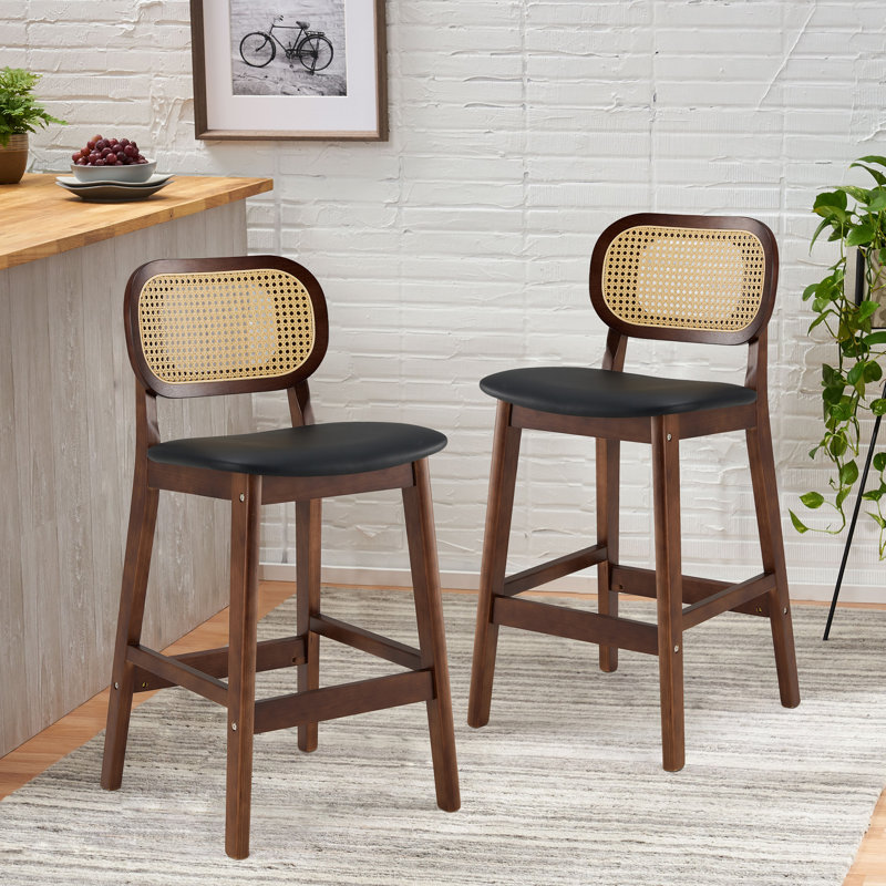 25" Black Faux Leather and Wood Counter Height Bar Stools with Rattan Backrest