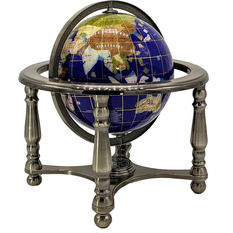 Unique Art Since 1996 10" Tall Blue Lapis Ocean 4-Leg Silver Table Stand Gemstone World Map Globe
