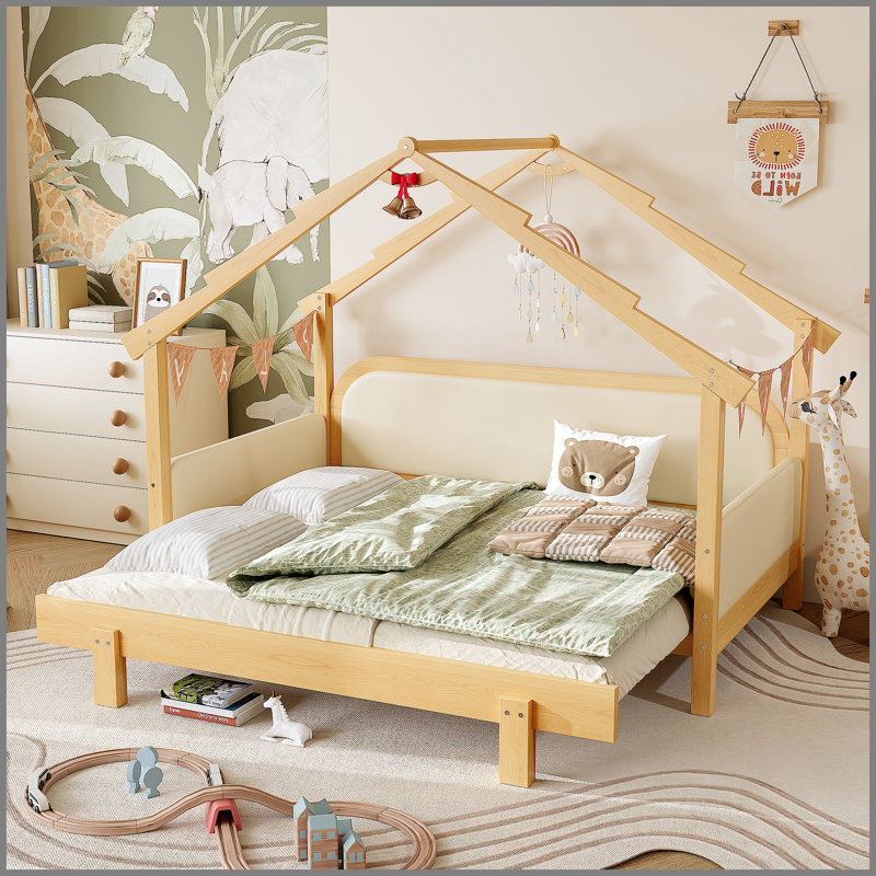 Twin Size Wood Treehouse bed with Soft Cushion Rails,for Kids, Teens, Girls, Boys, Natural/Beige