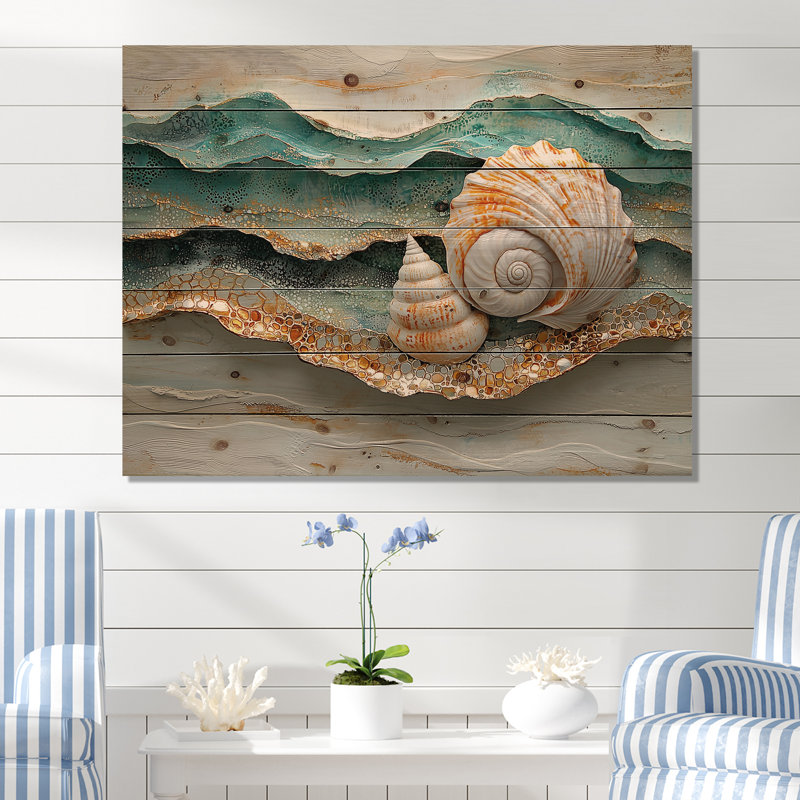Coquillage et émeraude sable II - art mural bois côtier - sur bois de pin naturel, H 34 po x l 44 po x P 0,78 po