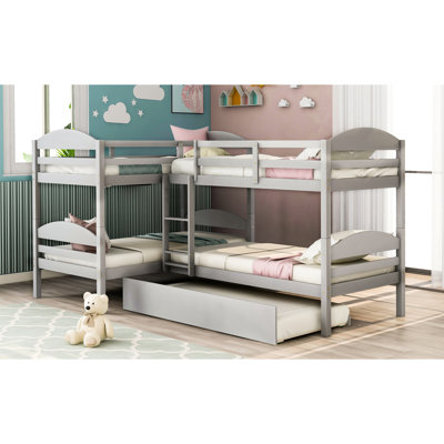Gray Twin L-Shaped Bunk Bed With Trundle - Ideal For Bedroom Organization Accommodates Multiple Sleepers
