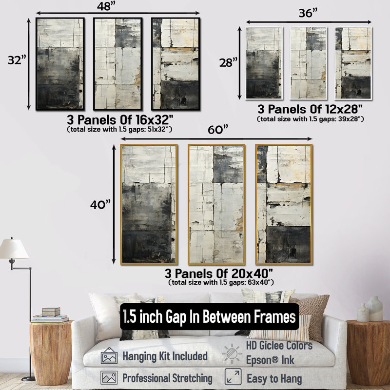 Carreau abstrait géométrique blanc et gris II - mosaïque boho, H 28 po x l 36 po x P 1 po, Cadre flottant noir