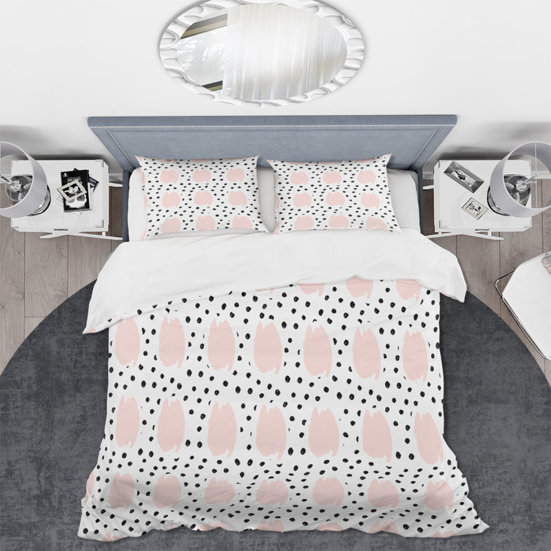 Ensemble de housse de couette style Mid-Century rose à pois noirs II - pois en microfibre de polyester