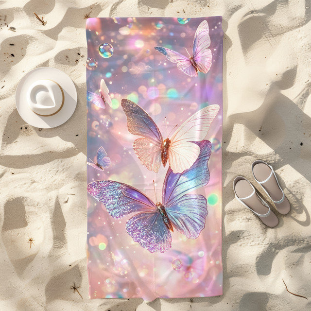  Serviette de plage légère en microfibre, absorbante et sans décoloration, 30 po x 60 po, papillon pastel scintillant