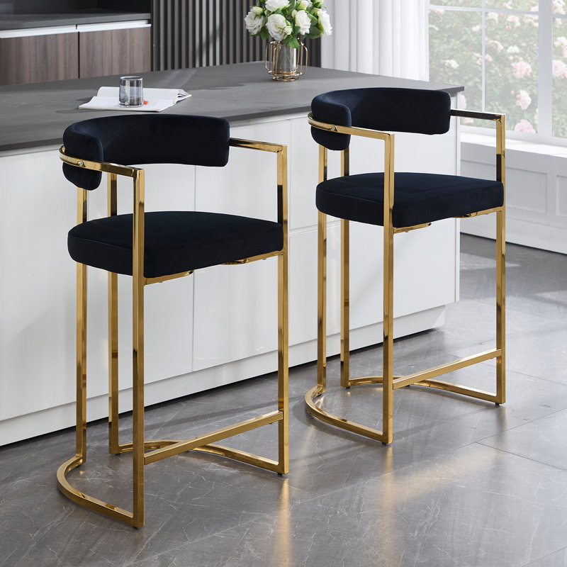Kojno Modern Upholstered Stool, Counter Stool (26" Seat Height), Black Seat/Gold Frame