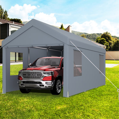 Abri d'auto 10x20, 2 portes, 4 fenêtres d'aération, auvent gris pour le rangement de véhicules et d'outils, robuste et adapté à un usage extérieur.