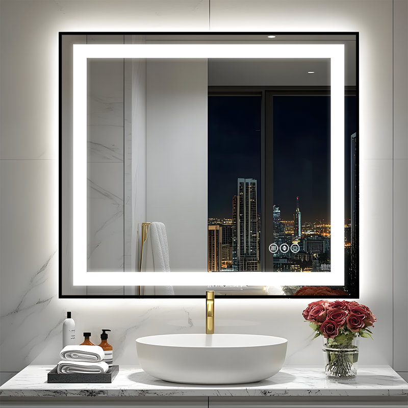 Adorna UL Certified Dimmable LED Bathroom Mirror with 3-Color Lighting, Anti-Fog & Sleek Black Frame, 36" x 32"