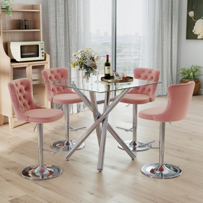 Modern 3/5-Piece Bar Table Set with Tempered Glass Top and Sturdy Metal Base, Velvet Swivel Bar Stools with Adjustable Height, for the Kitchen, Dining Room, and Entertainment Areas