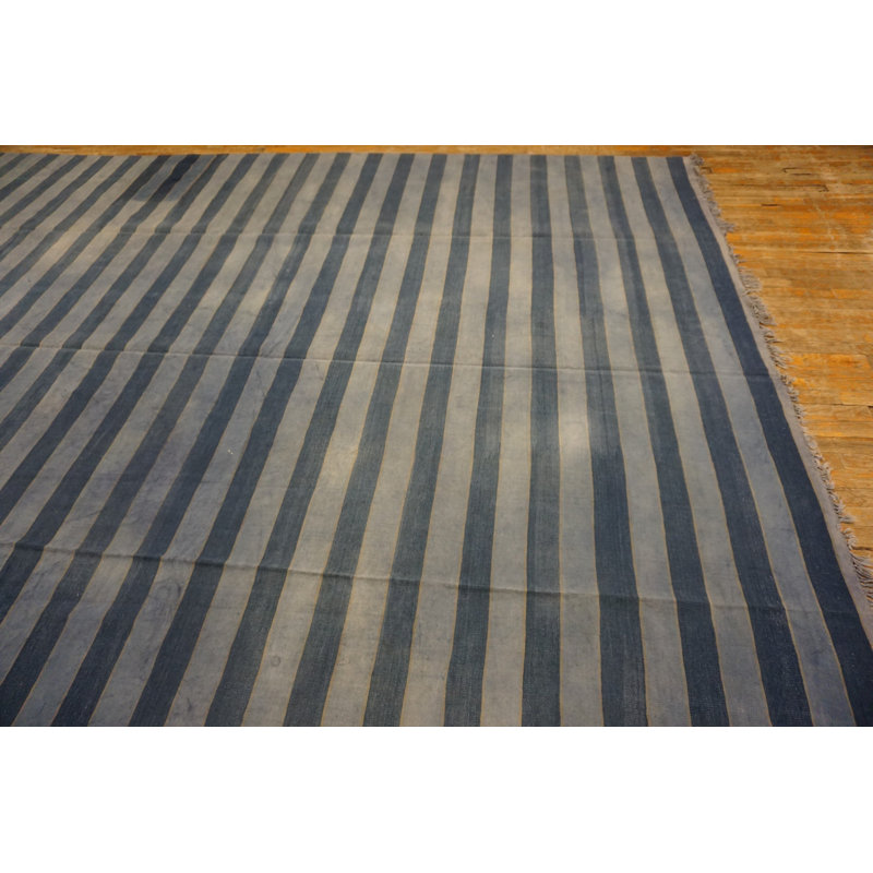 Tapis indien rayé antique en coton tissé à plat bleu Dhurrie