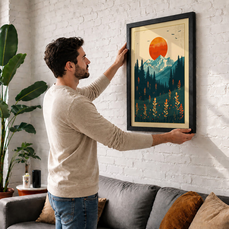 Mountain Under Golden Sun Minimalist - Framed Print, A3 - 42.0 x 29.7 cm, Black