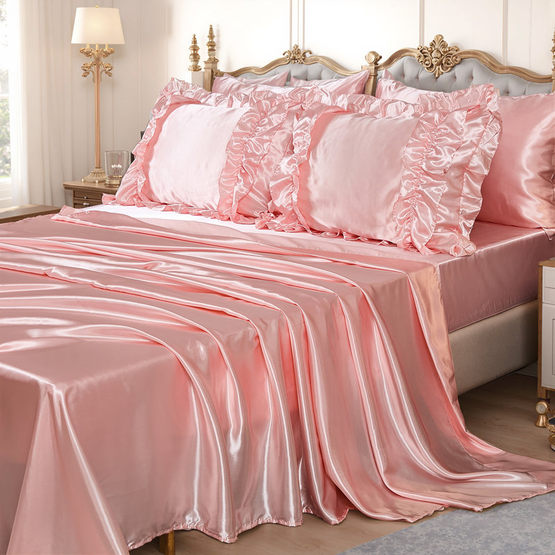 8 Pieces Pink Satin Comforter Set Queen Size Bed in a Bag Silky Comforter with Sheet Set Boho Chic Farmhouse Ruffled Comforter Set Soft and Silky Luxury Satin Bedding Set for All Season